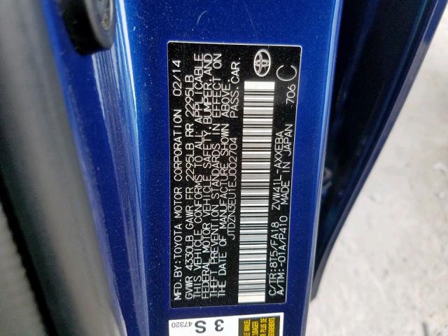 JTDZN3EU1EJ002704 - 2014 TOYOTA PRIUS V BLUE photo 10