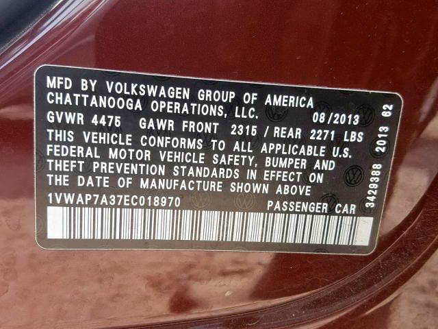 1VWAP7A37EC018970 - 2014 VOLKSWAGEN PASSAT S MAROON photo 10