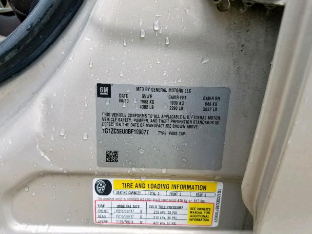 1G1ZC5EU8BF109077 - 2011 CHEVROLET MALIBU 1LT 金色 照片 10