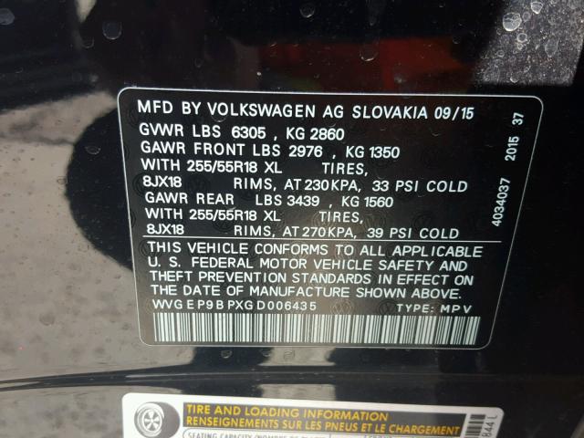 WVGEP9BPXGD006435 - 2016 VOLKSWAGEN TOUAREG TD BLACK photo 10