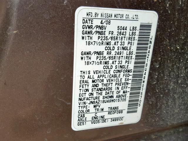 JN8AZ18U49W015705 - 2009 NISSAN MURANO S GOLD photo 10