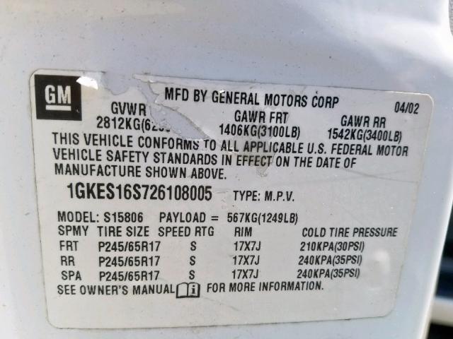 1GKES16S726108005 - 2002 GMC ENVOY XL WHITE photo 10