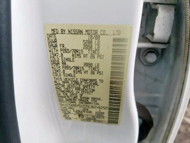 5N1ED28Y51C532422 - 2001 NISSAN XTERRA XE WHITE photo 10