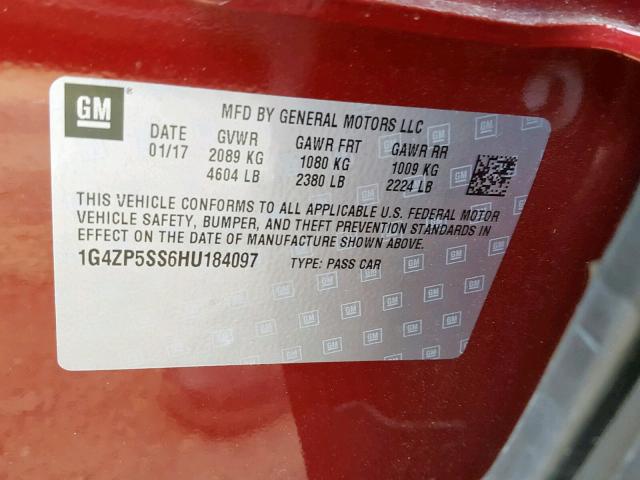 1G4ZP5SS6HU184097 - 2017 BUICK LACROSSE E 栗色 照片 10