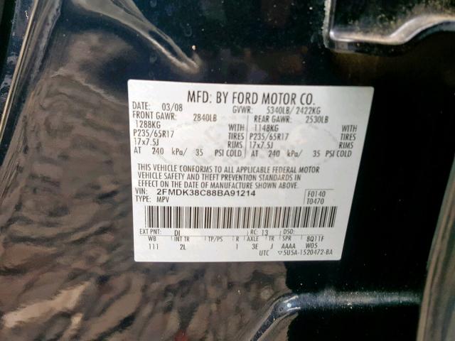 2FMDK38C88BA91214 - 2008 FORD EDGE SEL BLUE photo 10