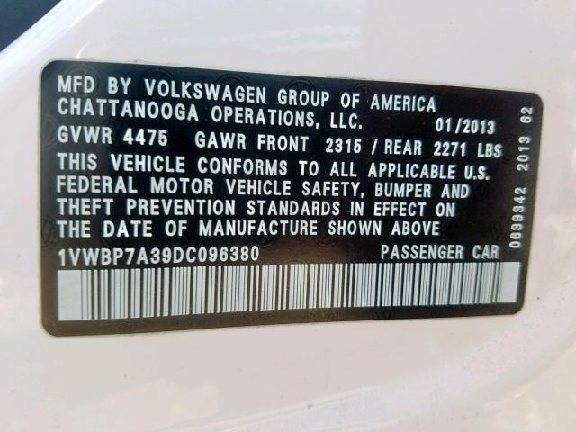 1VWBP7A39DC096380 - 2013 VOLKSWAGEN PASSAT SE WHITE photo 10