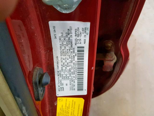 JTEHF21A020079513 - 2002 TOYOTA HIGHLANDER RED photo 10