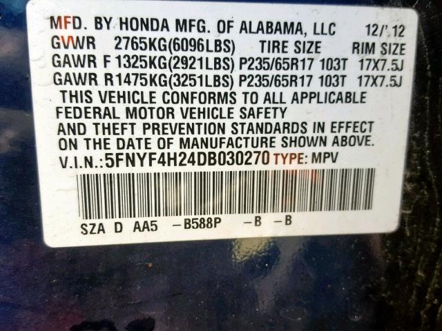 5FNYF4H24DB030270 - 2013 HONDA PILOT LX BLUE photo 10