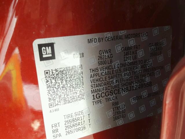 1GCGSCEN8J1249558 - 2018 CHEVROLET COLORADO L RED photo 10