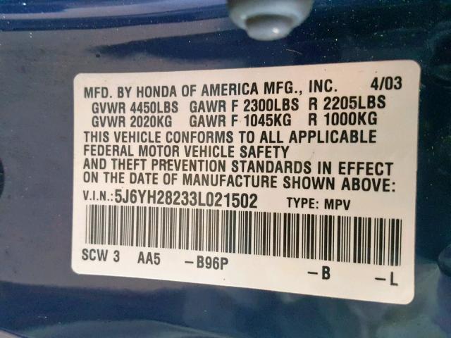 5J6YH28233L021502 - 2003 HONDA ELEMENT DX BLUE photo 10