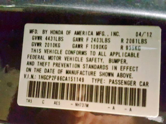 1HGCP2F86CA151149 - 2012 HONDA ACCORD EXL GRAY photo 10