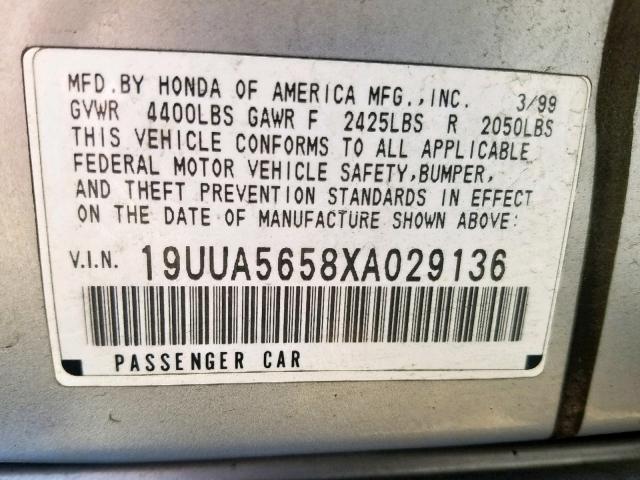 19UUA5658XA029136 - 1999 ACURA 3.2TL SILVER photo 10