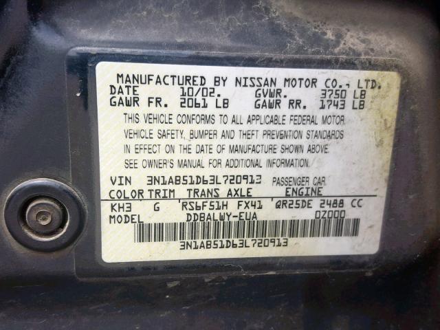 3N1AB51D63L720913 - 2003 NISSAN SENTRA SE- BLACK photo 10