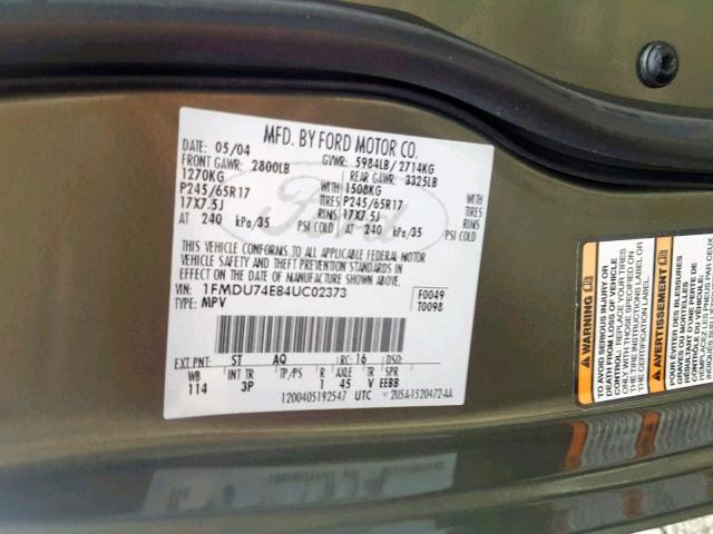 1FMDU74E84UC02373 - 2004 FORD EXPLORER E GREEN photo 10