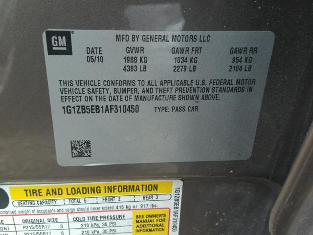 1G1ZB5EB1AF310450 - 2010 CHEVROLET MALIBU LS 棕色 照片 10