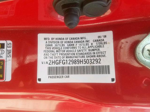 2HGFG12989H503292 - 2009 HONDA CIVIC EXL 红色 照片 10