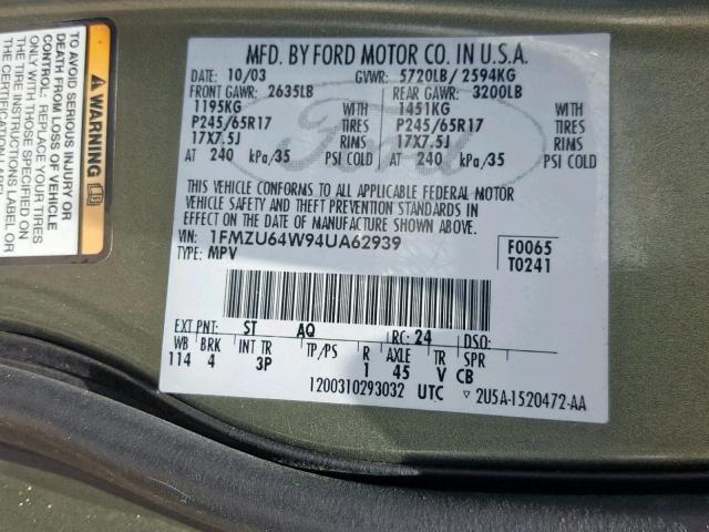 1FMZU64W94UA62939 - 2004 FORD EXPLORER E GREEN photo 10