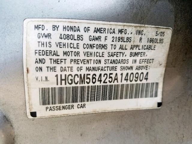 1HGCM56425A140904 - 2005 HONDA ACCORD LX SILVER photo 10