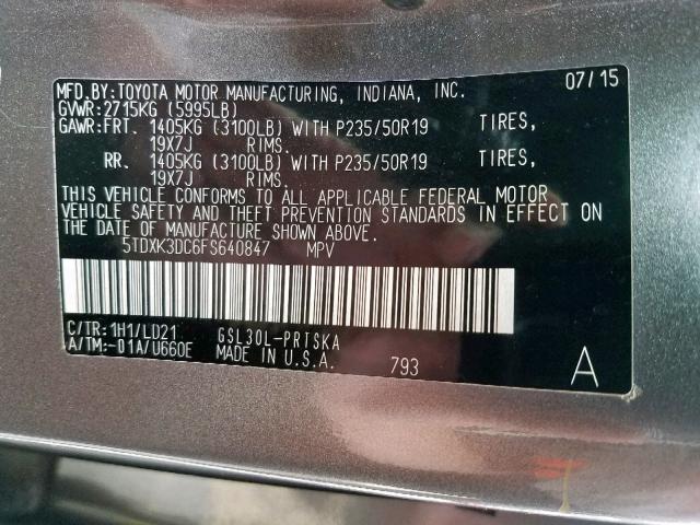 5TDXK3DC6FS640847 - 2015 TOYOTA SIENNA SPO GRAY photo 10