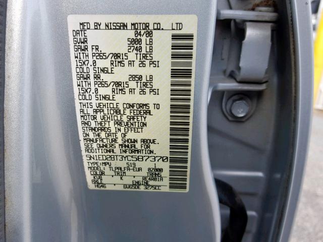 5N1ED28T3YC587370 - 2000 NISSAN XTERRA XE SILVER photo 10