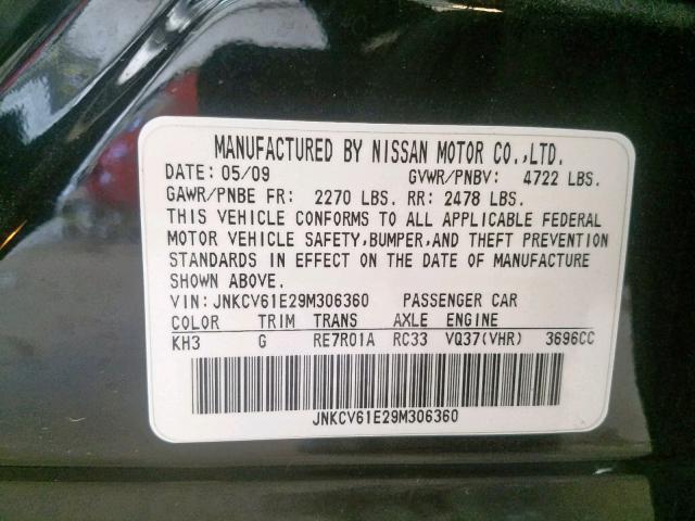 JNKCV61E29M306360 - 2009 INFINITI G37 BASE BLACK photo 10