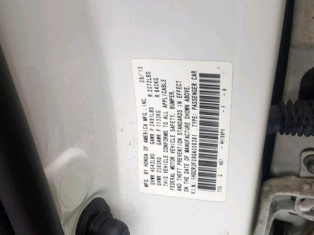 1HGCR3F09GA006381 - 2016 HONDA ACCORD EXL WHITE photo 10