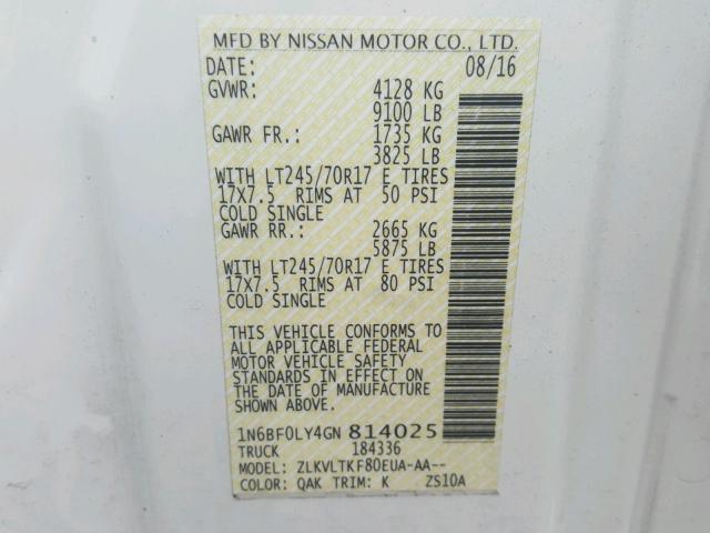 1N6BF0LY4GN814025 - 2016 NISSAN NV 2500 S WHITE photo 10