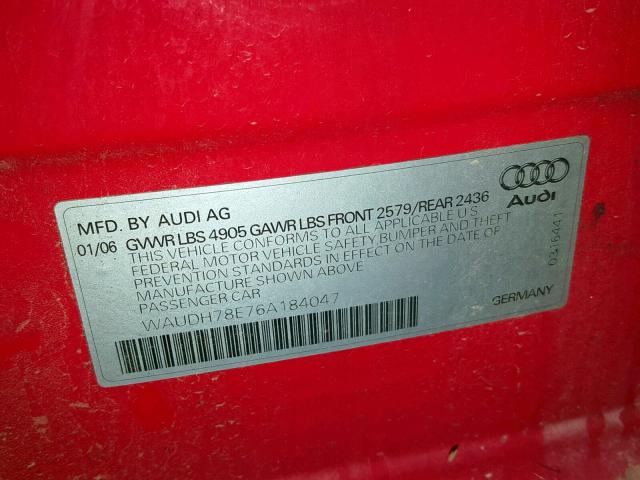 WAUDH78E76A184047 - 2006 AUDI A4 3.2 QUA RED photo 10