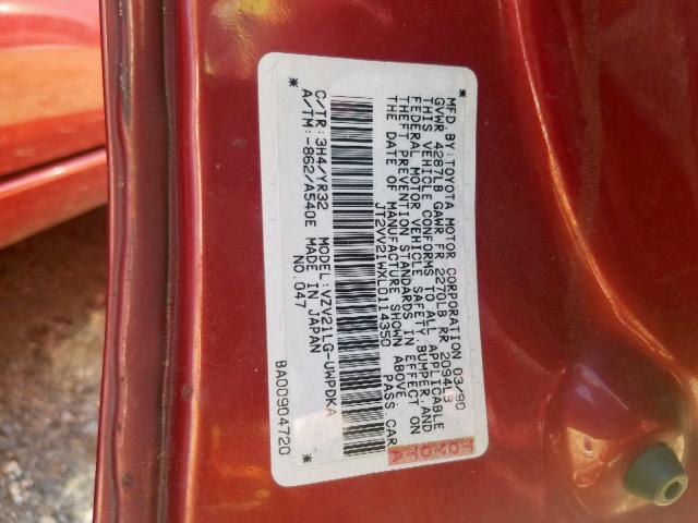 JT2VV21WXL0114350 - 1990 TOYOTA CAMRY DLX წითელი ფოტო 10