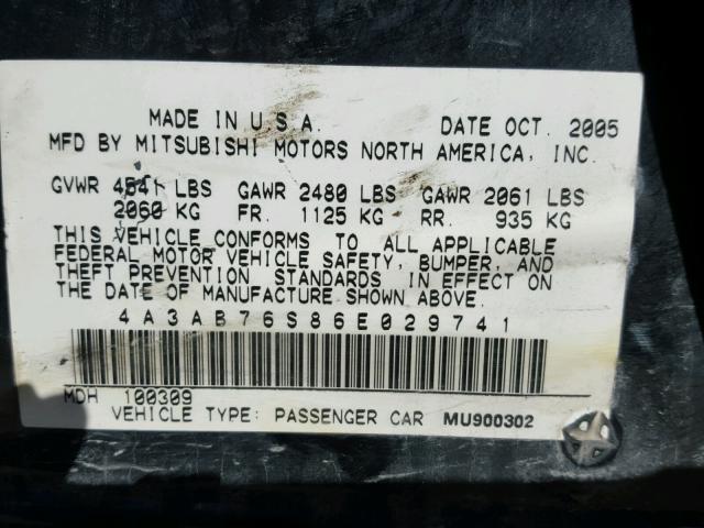 4A3AB76S86E029741 - 2006 MITSUBISHI GALANT GTS BLACK photo 10