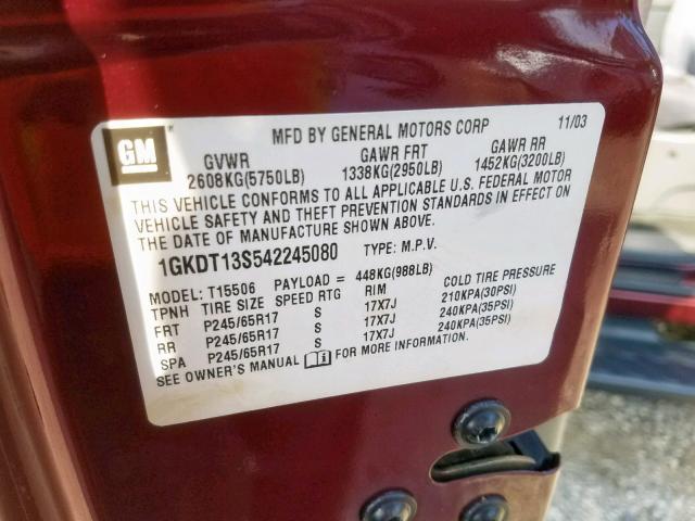 1GKDT13S542245080 - 2004 GMC ENVOY RED photo 10