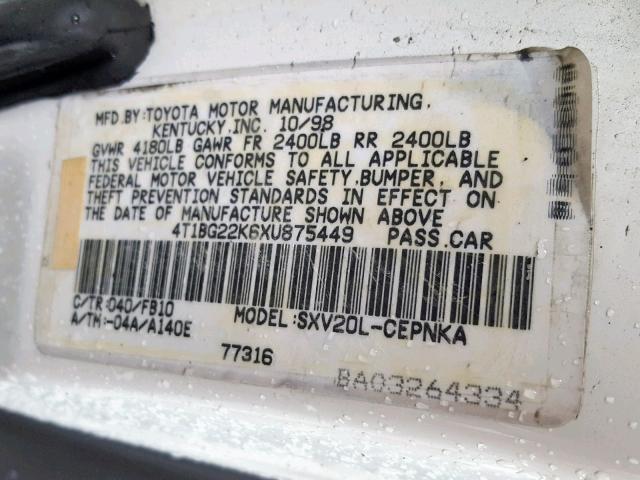 4T1BG22K6XU875449 - 1999 TOYOTA CAMRY CE WHITE photo 10