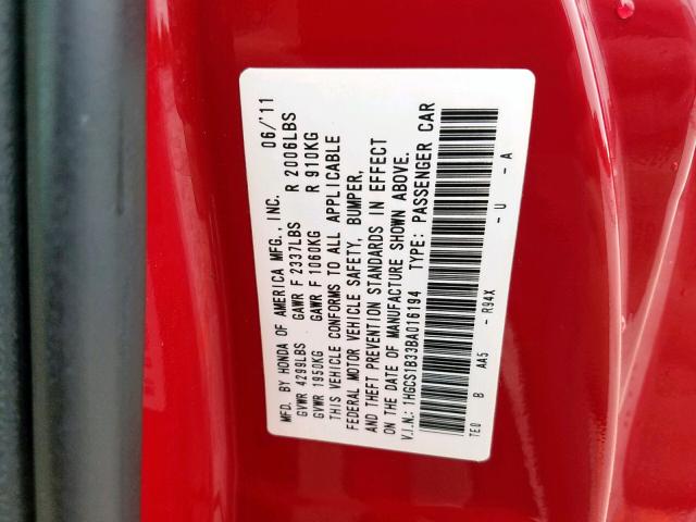 1HGCS1B33BA016194 - 2011 HONDA ACCORD LX- RED photo 10