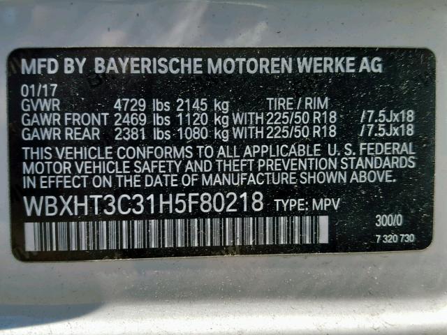 WBXHT3C31H5F80218 - 2017 BMW X1 XDRIVE2 WHITE photo 10