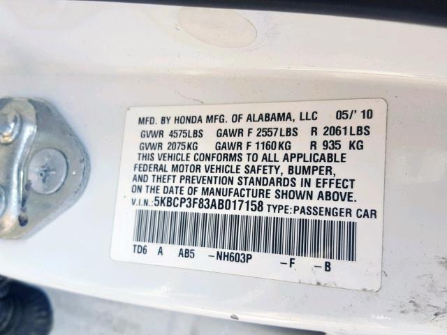 5KBCP3F83AB017158 - 2010 HONDA ACCORD EXL WHITE photo 10