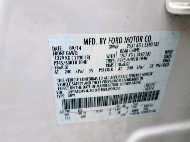 2FMDK4JC0EBB29532 - 2014 FORD EDGE SEL WHITE photo 10