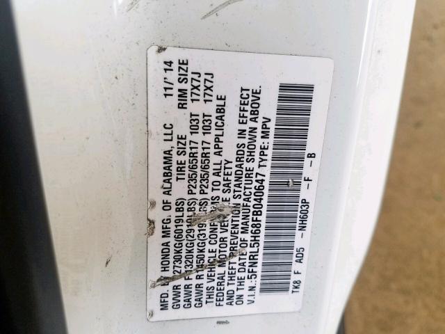 5FNRL5H68FB040647 - 2015 HONDA ODYSSEY EX WHITE photo 10