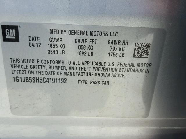 1G1JB5SH5C4191192 - 2012 CHEVROLET SONIC LS 银色 照片 10