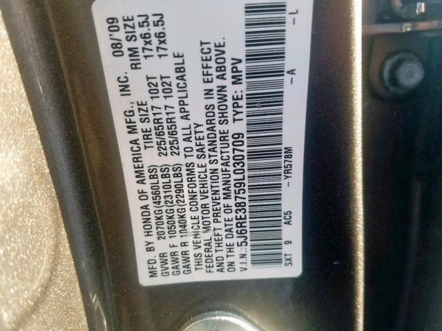 5J6RE38759L030709 - 2009 HONDA CR-V EXL GOLD photo 10