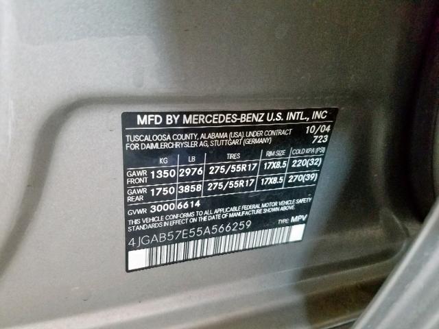 4JGAB57E55A566259 - 2005 MERCEDES-BENZ ML 350 SILVER photo 10