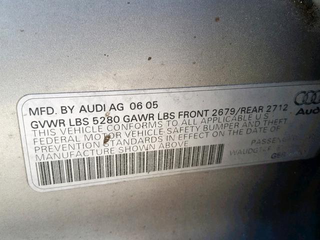 WAUDG74F16N035580 - 2006 AUDI A6 3.2 QUA SILVER photo 10