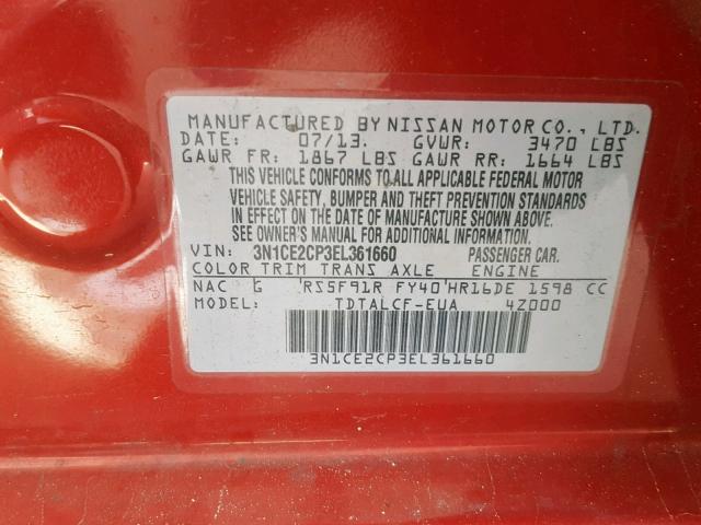 3N1CE2CP3EL361660 - 2014 NISSAN VERSA NOTE RED photo 10