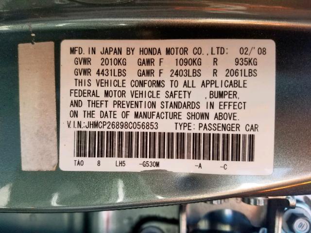 JHMCP26898C056853 - 2008 HONDA ACCORD EXL GREEN photo 10