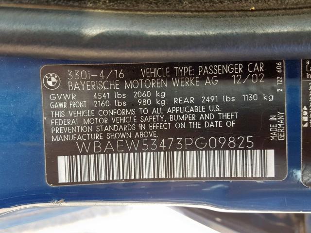 WBAEW53473PG09825 - 2003 BMW 330 XI BLUE photo 10