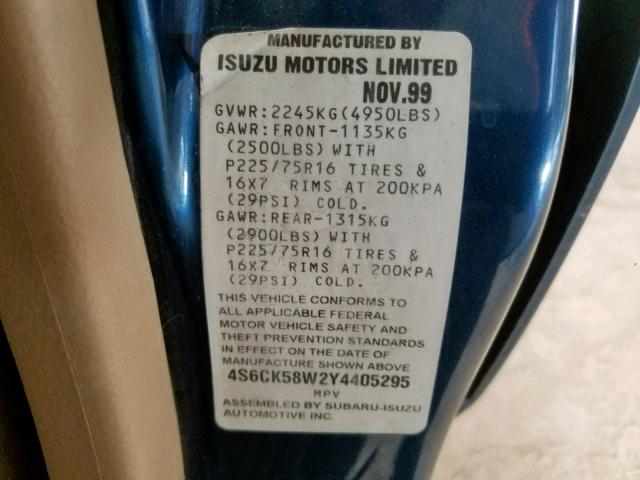 4S6CK58W2Y4405295 - 2000 HONDA PASSPORT E 蓝色 照片 10