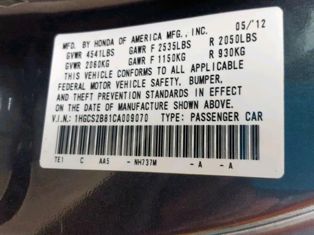 1HGCS2B81CA009070 - 2012 HONDA ACCORD EXL GRAY photo 10