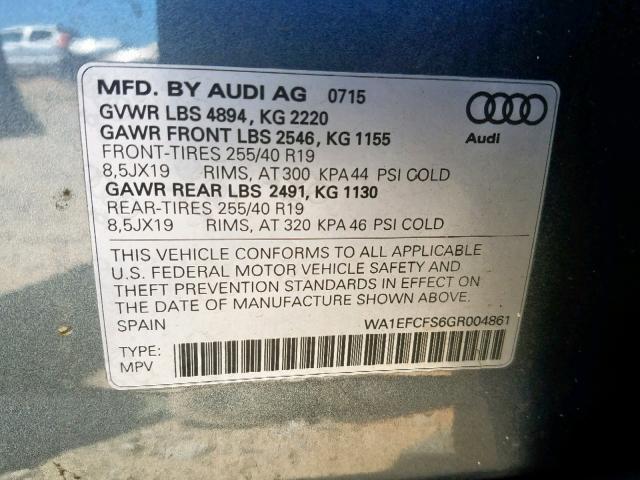 WA1EFCFS6GR004861 - 2016 AUDI Q3 PREMIUM GRAY photo 10