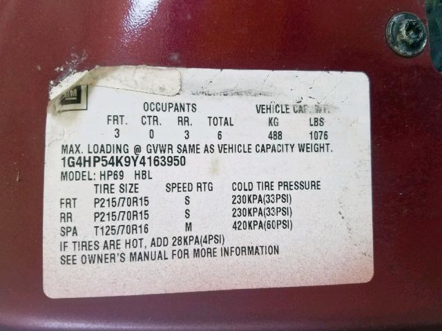 1G4HP54K9Y4163950 - 2000 BUICK LESABRE CU MAROON photo 10