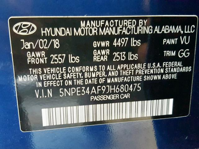 5NPE34AF9JH680475 - 2018 HYUNDAI SONATA SPO BLUE photo 10