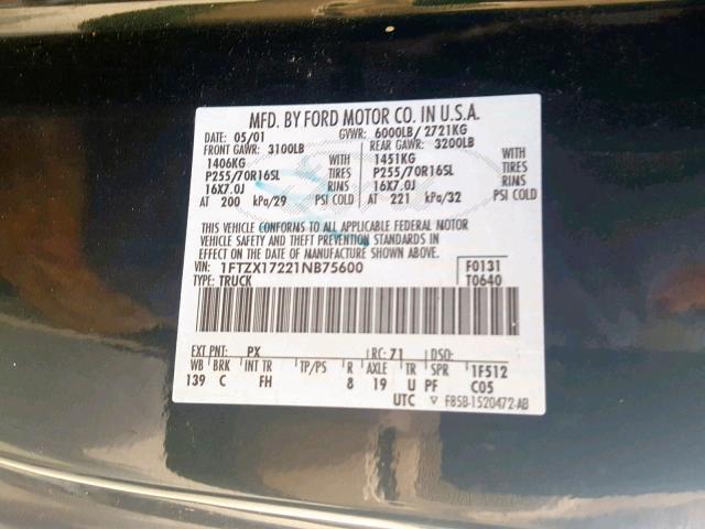 1FTZX17221NB75600 - 2001 FORD F150 GREEN photo 10